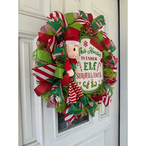 Elf Surveillance Christmas Wreath | Fun Elf Holiday Door Hanger Fireplace Decor - Picture 7 of 9